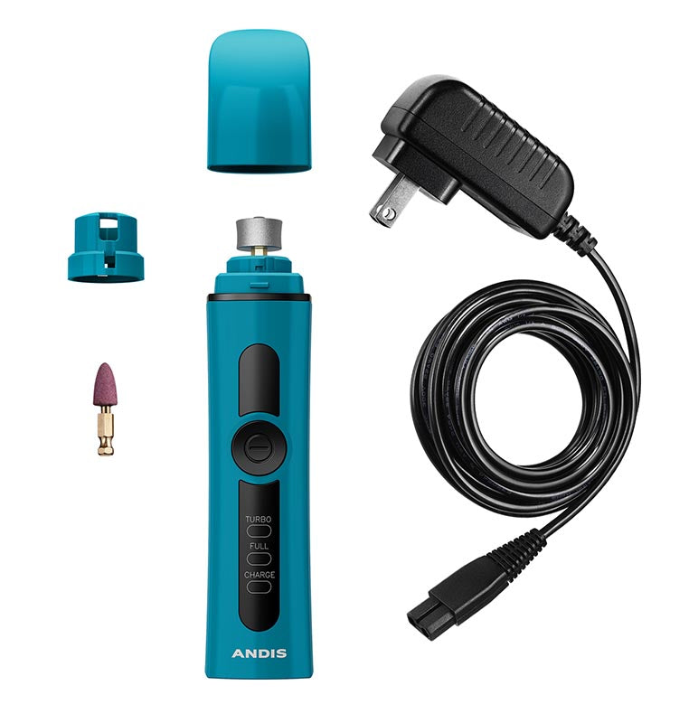 The Andis Nail Grinder with whisper quiet technology allows for use with a cord while charging or without the cord. This dual-speed motor is one of the quietest on the market allowing for normal and turbo speed settings. Safety smooth the most uneven nails with this light weight, ergonomic body-design that lets the user reach various angles and work easily around paws. The multi-function cap provides a guard to prevent hair from getting caught on the grinding head. Blue entire nail kit.