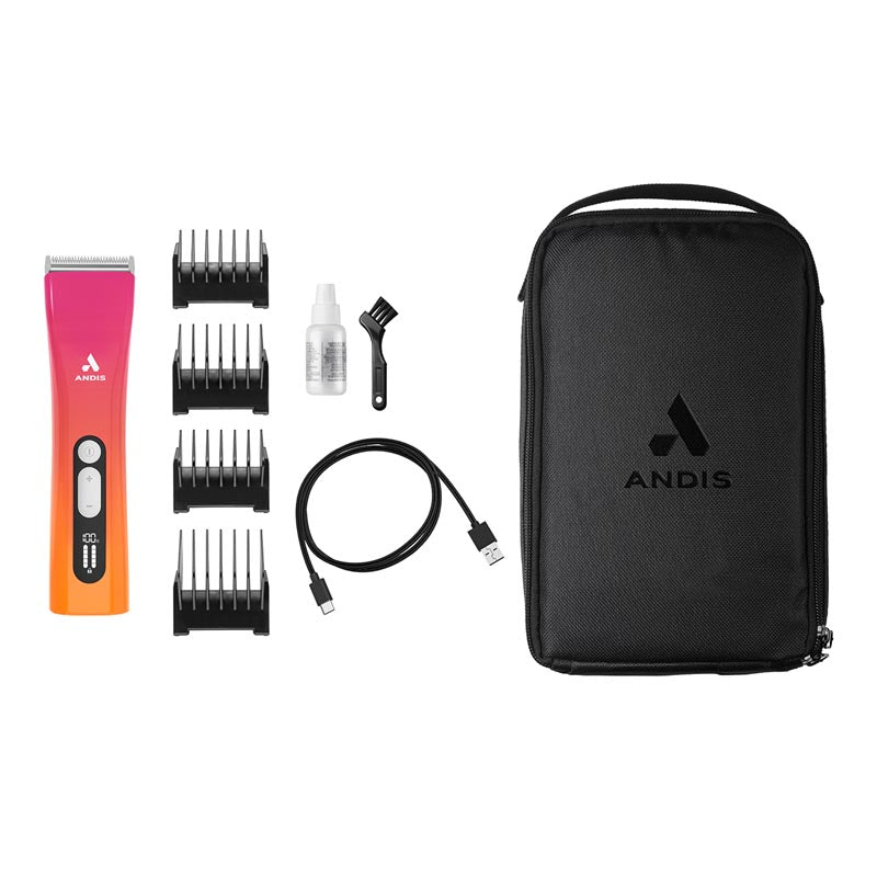 The Andis ProClip® 5-In-1 colorway Sunset is a cordless grooming powerhouse designed for the demands of both shop and show ring. With five precision blade lengths (#9, #10, #15, #30, #40), five power settings (4,500–6,500 SPM), and 150 minutes of cordless runtime, it glides effortlessly through coats, paws, and sensitive zones. 5-in-1 blades offer faster grooming without having to have multiple blades with a quick flip of a lever. Package contents.