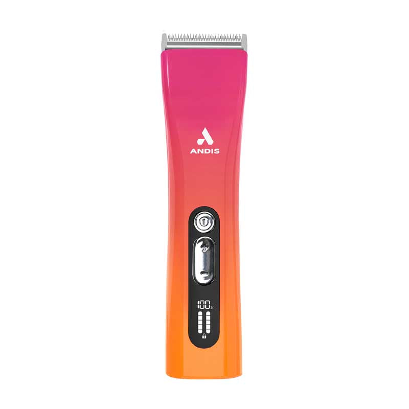 The Andis ProClip® 5-In-1 colorway Sunset is a cordless grooming powerhouse designed for the demands of both shop and show ring. With five precision blade lengths (#9, #10, #15, #30, #40), five power settings (4,500–6,500 SPM), and 150 minutes of cordless runtime, it glides effortlessly through coats, paws, and sensitive zones. 5-in-1 blades offer faster grooming without having to have multiple blades with a quick flip of a lever. Front view.