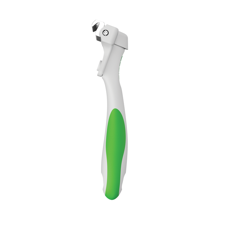 The Andis Deshedding Tool removes dead coat without damaging skin or topcoat. The curved, stainless-steel tooth design, easily grabs undercoat without scraping the skin allowing for healthier coat. Proper deshedding stimulates the hair follicles and removes excess dead coat to prevent further shedding by up to 90% between professional grooms. The ergonomic design is light weight with a soft grip to reduce hand fatigue. Side view.