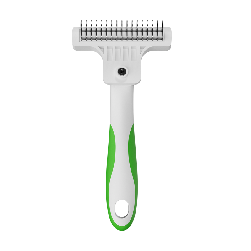 The Andis Deshedding Tool removes dead coat without damaging skin or topcoat. The curved, stainless-steel tooth design, easily grabs undercoat without scraping the skin allowing for healthier coat. Proper deshedding stimulates the hair follicles and removes excess dead coat to prevent further shedding by up to 90% between professional grooms. The ergonomic design is light weight with a soft grip to reduce hand fatigue. Front view.
