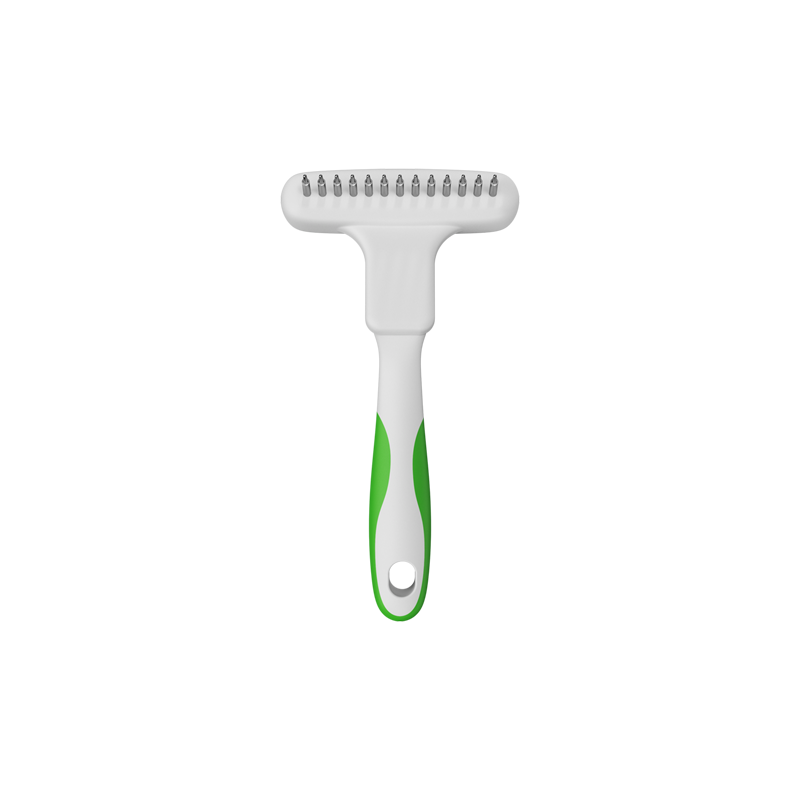 The Andis Flexible Rake Comb for small to medium sized breeds is designed to mold and conform to each animal’s unique body using extra-long, spring-mounted pins with enhanced 360° swivel action to deftly and and gently pull out dead undercoat. The ergonomic design is light weight with a soft grip to reduce hand fatigue. Front view.
