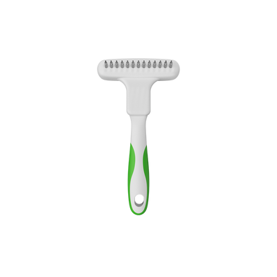 The Andis Flexible Rake Comb for small to medium sized breeds is designed to mold and conform to each animal’s unique body using extra-long, spring-mounted pins with enhanced 360° swivel action to deftly and and gently pull out dead undercoat. The ergonomic design is light weight with a soft grip to reduce hand fatigue. Front view.