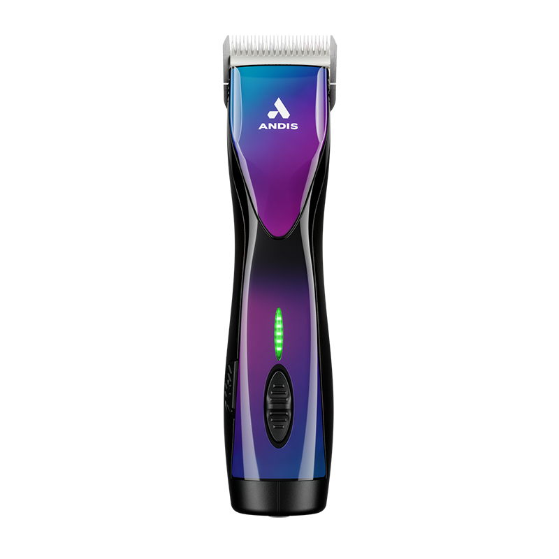 The Andis limited addition, Pulse ZR II colorway Galaxy, cordless professional pet clipper now deliver up to 3 hours of run time on a single charge and works with swappable, rechargeable batteries so there is not a halt in styling. The Pulse ZR II has a powerful rotary motor with 5 speeds that achieve 2,500-2,400 spm and includes the detachable blade system and wide compatibility make maintenance a breeze.