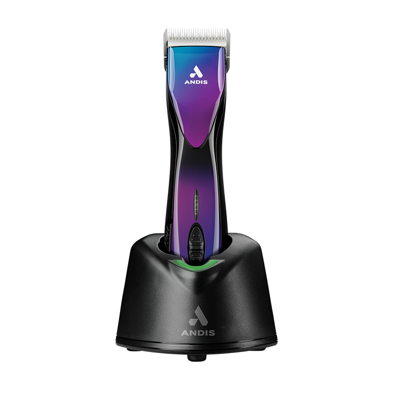 The Andis limited addition, Pulse ZR II colorway Galaxy, cordless professional pet clipper now deliver up to 3 hours of run time on a single charge and works with swappable, rechargeable batteries so there is not a halt in styling. The Pulse ZR II has a powerful rotary motor with 5 speeds that achieve 2,500-2,400 spm and includes the detachable blade system and wide compatibility make maintenance a breeze. On Stand.