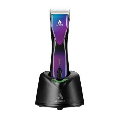 The Andis limited addition, Pulse ZR II colorway Galaxy, cordless professional pet clipper now deliver up to 3 hours of run time on a single charge and works with swappable, rechargeable batteries so there is not a halt in styling. The Pulse ZR II has a powerful rotary motor with 5 speeds that achieve 2,500-2,400 spm and includes the detachable blade system and wide compatibility make maintenance a breeze. On Stand.