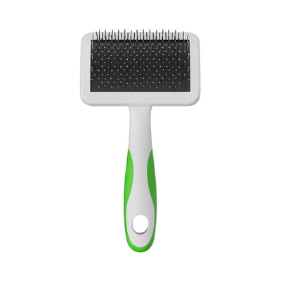 The Andis firm slicker brush has more rigid pins that can penetrate deeper for more efficient, time saving movements without being harsh for the coat. Firm pins reach dense undercoat and tangles more quickly while maintaining their structure allowing for the brush to grip the coat more effectively. The ergonomic handle allows for a more comfortable grip with controlled handling. Medium size.