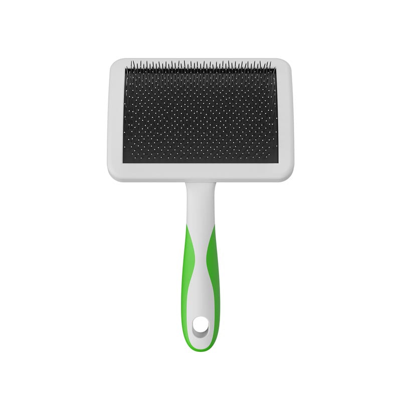The Andis firm slicker brush has more rigid pins that can penetrate deeper for more efficient, time saving movements without being harsh for the coat. Firm pins reach dense undercoat and tangles more quickly while maintaining their structure allowing for the brush to grip the coat more effectively. The ergonomic handle allows for a more comfortable grip with controlled handling. Large  size.