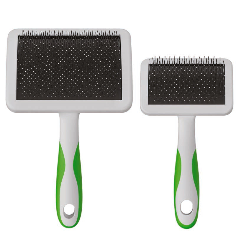 The Andis firm slicker brush has more rigid pins that can penetrate deeper for more efficient, time saving movements without being harsh for the coat. Firm pins reach dense undercoat and tangles more quickly while maintaining their structure allowing for the brush to grip the coat more effectively. The ergonomic handle allows for a more comfortable grip with controlled handling. Large and Medium size.