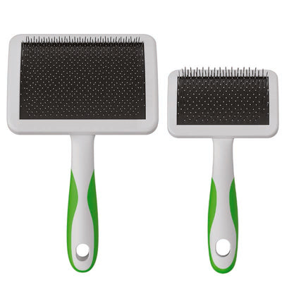 The Andis firm slicker brush has more rigid pins that can penetrate deeper for more efficient, time saving movements without being harsh for the coat. Firm pins reach dense undercoat and tangles more quickly while maintaining their structure allowing for the brush to grip the coat more effectively. The ergonomic handle allows for a more comfortable grip with controlled handling. Large and Medium size.