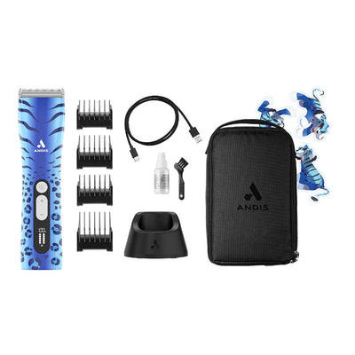 The Andis ProClip® 5-In-1 WILD Gabriel Feitosa Signature Series is a cordless grooming powerhouse designed for the demands of both shop and show ring. With five precision blade lengths (#9, #10, #15, #30, #40), five power settings (4,500–6,500 SPM), and 2.5 hours of cordless runtime, it glides effortlessly through coats, paws, and sensitive zones. 5-in-1 blades offer faster grooming without having to have multiple blades with a quick flip of a lever. Clipper kit.