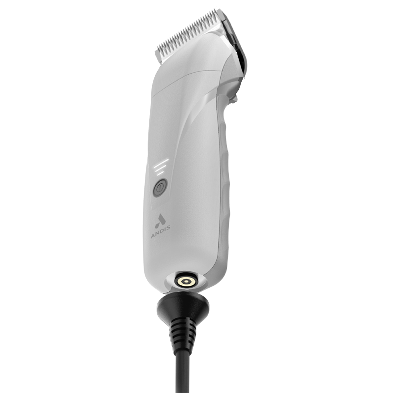 The new Andis Pro eMERGE™ professional pet clipper in London Fog White is now 20% lighter and 15% smaller than the original eMERGE™. The powerful brushless motor achieves 4,500 SPM and works with a detachable blade system with wide compatibility. The cord/cordless uses a revolutionary magnetic, swivel adapter cord that also fits easily in the charging stand. The contoured body includes extra finger grooves and the Lithium-ion Batter allows for up to 1.5 hours operating time. Adapter shown.