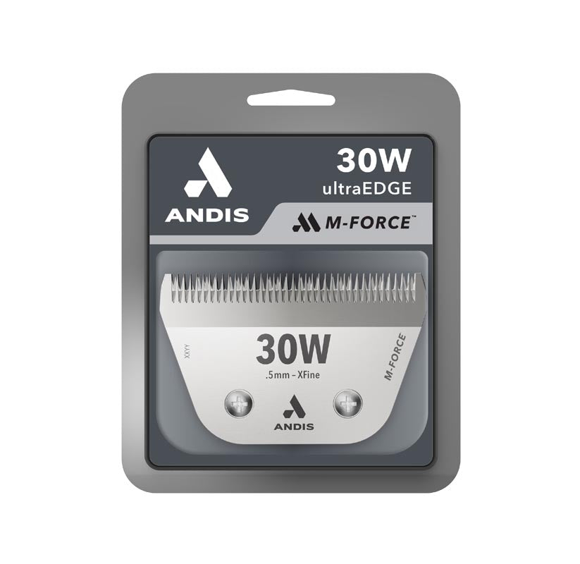 Andis M-Force® 30W ultraEDGE® Animal Wide Blade combines magnetic blade tension with a wide blade design. This new, innovative technology, M-Force, is an industry first using a patent-pending, magnetic technology to deliver more benefits versus traditional spring-based designs. M-force technology allows for easier maintenance, longer tool life, and more power with precision. Meanwhile, the tool remains cooler, smoother and has quieter cutting; all which help reduce stress.