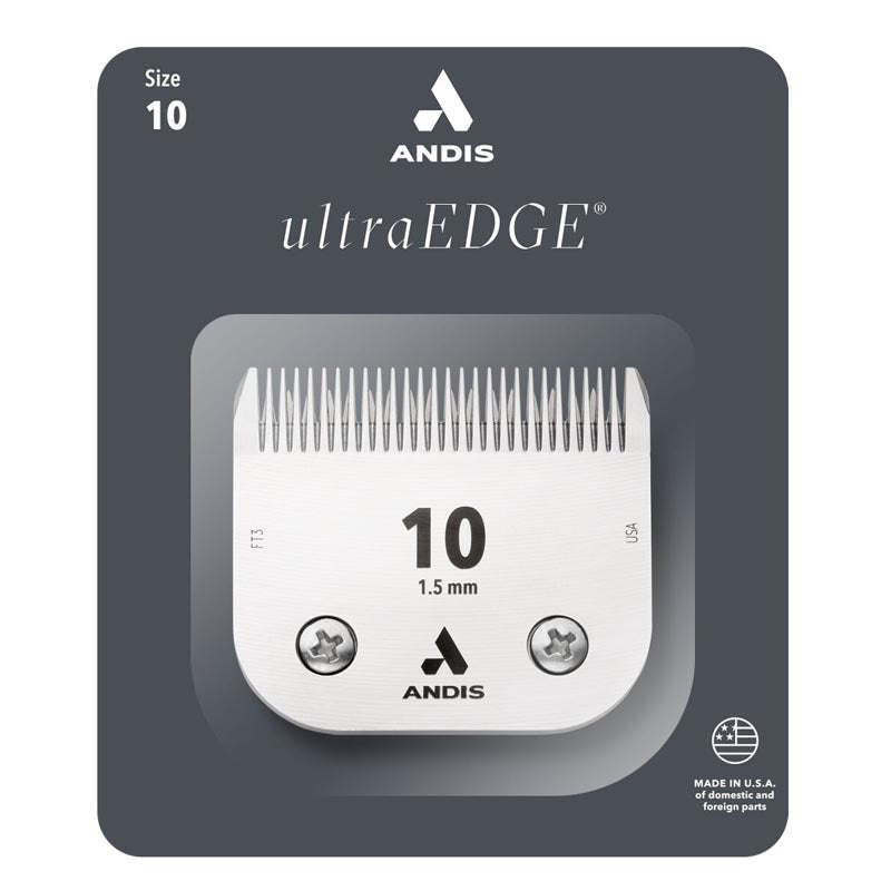 The Andis Ultra Edge 10 blades easily detach and reattach. These ultra-sharp steel blades slide through extremely matted coat areas and is the length typically used for sanitary areas. The rigorous, proprietary hardening process means enhanced strength and durability to conquer every challenge.