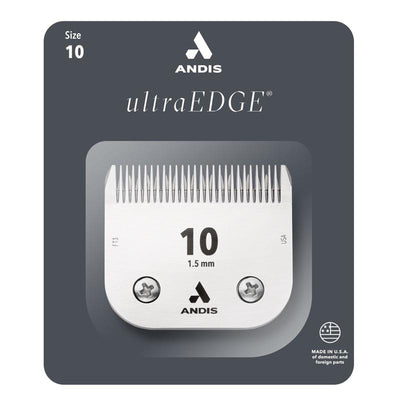 The Andis Ultra Edge 10 blades easily detach and reattach. These ultra-sharp steel blades slide through extremely matted coat areas and is the length typically used for sanitary areas. The rigorous, proprietary hardening process means enhanced strength and durability to conquer every challenge.