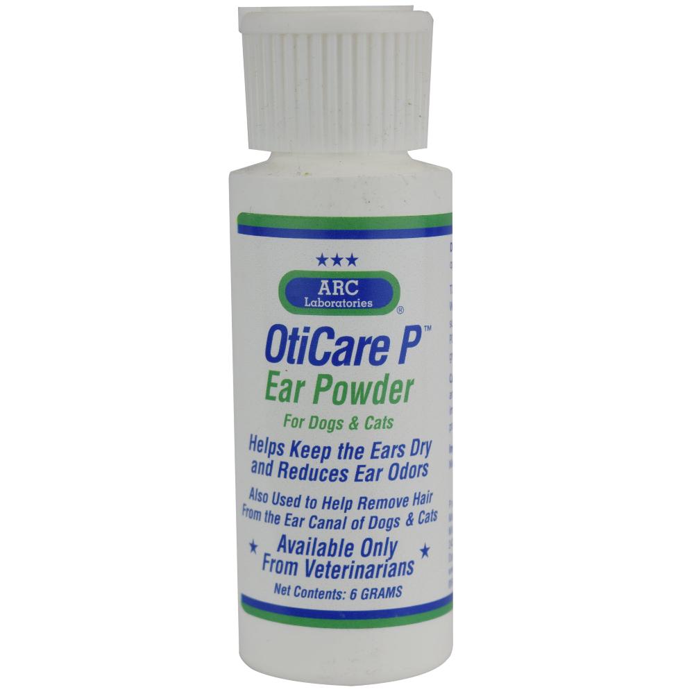 OtiCare P Ear Powder by ARC Laboratories for Professional Veterinarian and Pet Groomers is crafted to help protect pets' ears by reducing odors, soothe irritation, and create mild astringency with anti-inflammatory properties while enhancing grip when remove excess hair and debris from the outer ear and ear canal.  6 grams.