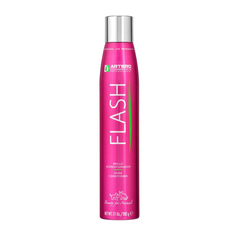 Artero Flash Professional Pet Grooming Conditioner Spray 7.1 oz is a plant-based leave-in pet conditioner that quickly eliminates frizz, creating a silky, smooth texture that facilitates combing and detangling. It controls static electricity and provides a protective, non-greasy coating that prevents knots and tangles.