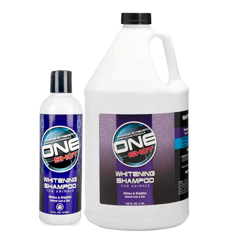 Best Shot One Shot Whitening pet shampoo provides the maximum strength cleaning action to whiten and brighten extremely dirty coats. The advanced formula with optical brighteners works on tough stains pets collect caused by tears, dirt, grass, blood and feces. One Shot restores the coat to its natural color and vibrancy while keeping it soft and manageable with coconut and hydrolyzed wheat protein.