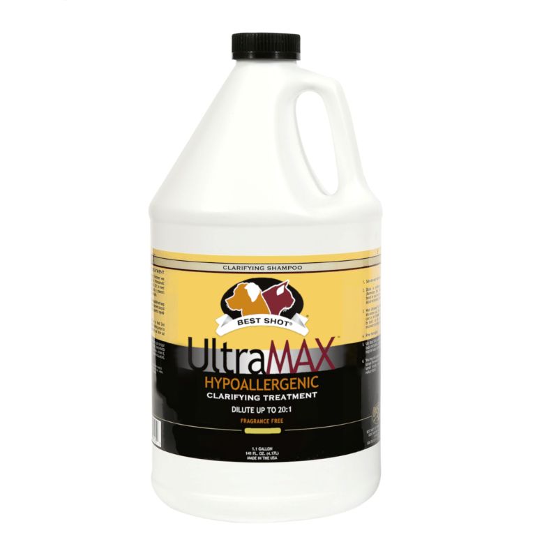 Best Shot UltraMAXTm Pro hypoallergenic clarifying treatment shampoo is a multi-faceted deep cleanser strong enough to wash out heavy silicones and chalks, while removing build-up from waxes, oils, resins, conditioners, hairsprays, gels, hard water mineral deposits, salts, chlorine and other chemicals from swimming. The biodegradable formula utilizes naturally derived coconut cleansers combined with other highest quality cosmetic ingredients to remove buildup while gently restoring the skin and coat. 1 Gal.