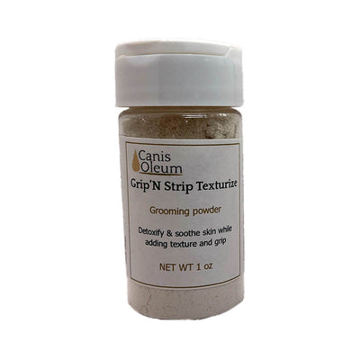 Canis Oleum Add Texture is a soft texturizing powder minus the stickiness or clumping found with liquid products. Lift coat to improve scissoring without coating your scissors with a sticky, wet substance or add to areas to boosts volume without resorting to heavy sprays which may contain toxins or cause lung irritation. Additionally, the powder can be used for hand stripping making it easier to grasp and pull only the dead coat you want preserving coat texture and color for terriers and sporting breeds. 