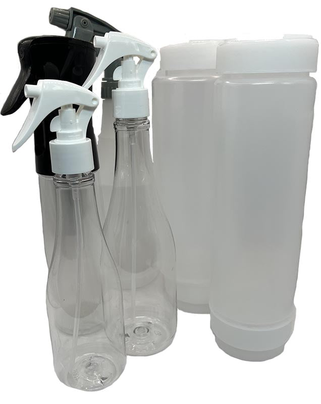 24 and 32 ounce inverted dilution bottles, 16 oz heavy duty sprayer, 8 oz and 12 oz long neck spray bottles and  12oz flarisol reusable spray bottle