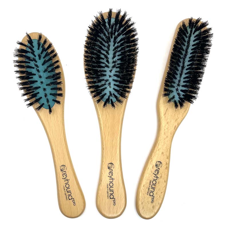 The Greyhound Professional Pet Boar Brushes have a smooth ergonomic wood handle and range in sizes and shapes. The tufted 100% boar bristle construction allows for a stronger bristle that penetrates deeper into coat. All sizes.