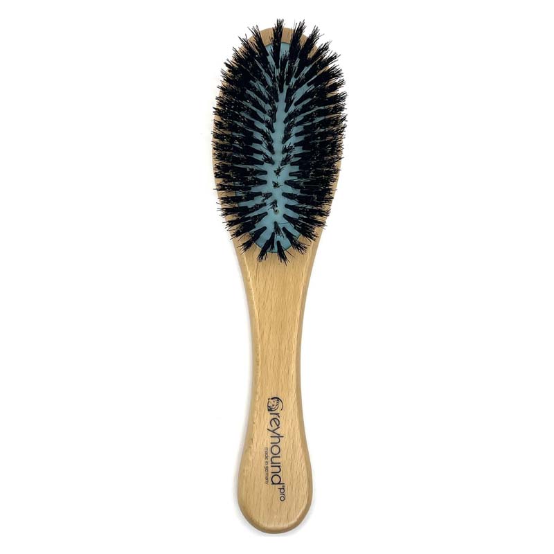 The Greyhound Professional Pet Boar Brushes have a smooth ergonomic wood handle and range in sizes and shapes. The tufted 100% boar bristle construction allows for a stronger bristle that penetrates deeper into coat. Medium oval.