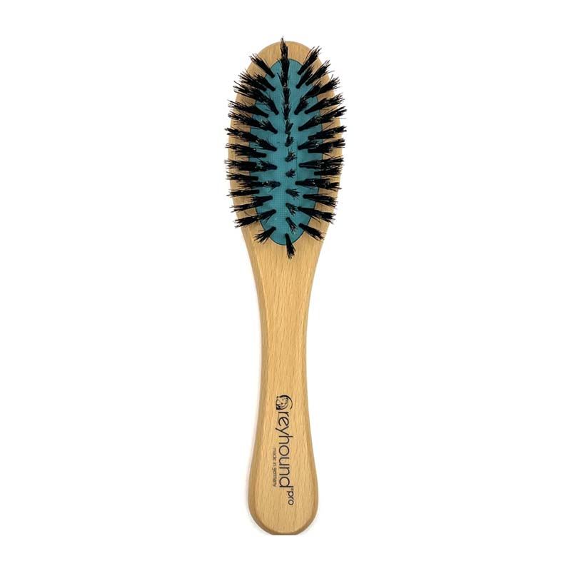 The Greyhound Professional Pet Boar Brushes have a smooth ergonomic wood handle and range in sizes and shapes. The tufted 100% boar bristle construction allows for a stronger bristle that penetrates deeper into coat. Small oval.
