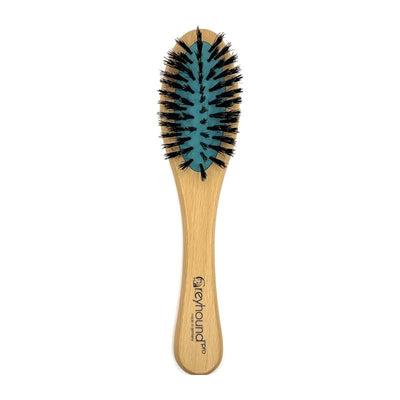 The Greyhound Professional Pet Boar Brushes have a smooth ergonomic wood handle and range in sizes and shapes. The tufted 100% boar bristle construction allows for a stronger bristle that penetrates deeper into coat. Small oval.