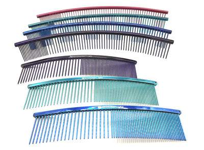 The Greyhound professional pet grooming comb ARC Curved Collection provides superior styling control. These curved combs work great for finishing work and hard to reach areas specifically for fluffing heads and legs while also ideal for "spray up" styles. These European dual tine medium/fine combs come in the fun Candy colors and two sizes. All colors and sizes.