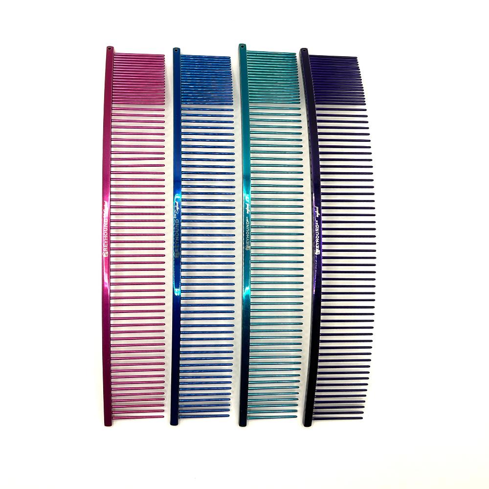 The Greyhound professional pet grooming comb ARC Curved Collection provides superior styling control. These curved combs work great for finishing work and hard to reach areas specifically for fluffing heads and legs while also ideal for "spray up" styles. These European dual tine medium/fine combs come in the fun Candy colors and two sizes. Large all colors.