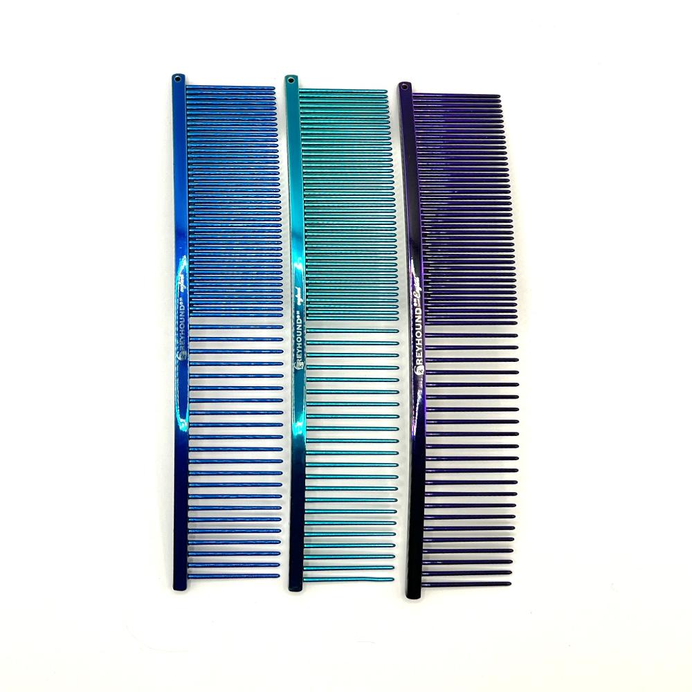 The Greyhound professional pet grooming comb ARC Curved Collection provides superior styling control. These curved combs work great for finishing work and hard to reach areas specifically for fluffing heads and legs while also ideal for "spray up" styles. These European dual tine medium/fine combs come in the fun Candy colors and two sizes. Medium, all colors.