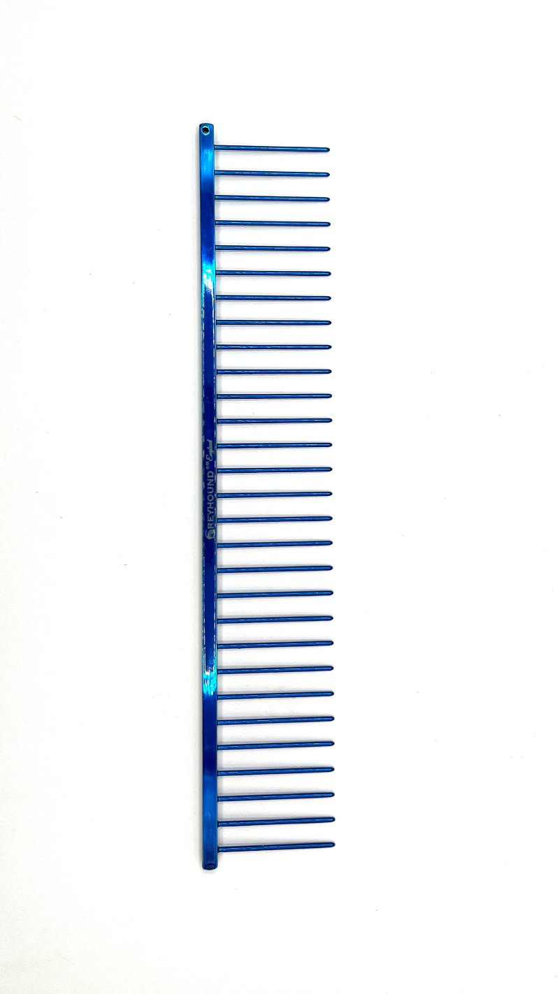 Greyhound Professional Pet Comb' Bitch Collection features a 9.875"L x 1.75"W Extra Extra Coarse tine which gives superior styling control for medium and long coat types. These versatile combs have been a staple of the pet grooming industry for over 100 years, and are available in the Candy Color Collection, Blue Candy.