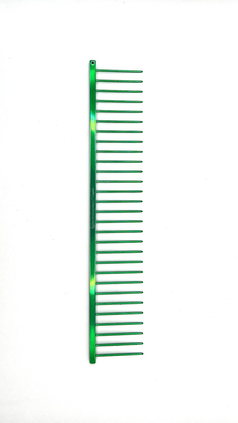 Greyhound Professional Pet Comb' Bitch Collection features a 9.875"L x 1.75"W Extra Extra Coarse tine which gives superior styling control for medium and long coat types. These versatile combs have been a staple of the pet grooming industry for over 100 years, and are available in the Candy Color Collection, Green Candy.