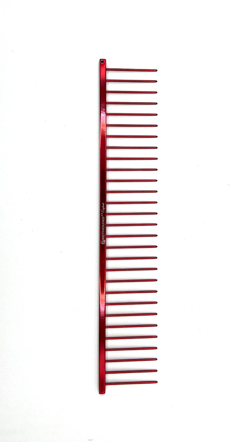 Greyhound Professional Pet Comb' Bitch Collection features a 9.875"L x 1.75"W Extra Extra Coarse tine which gives superior styling control for medium and long coat types. These versatile combs have been a staple of the pet grooming industry for over 100 years, and are available in the Candy Color Collection, Red Candy.