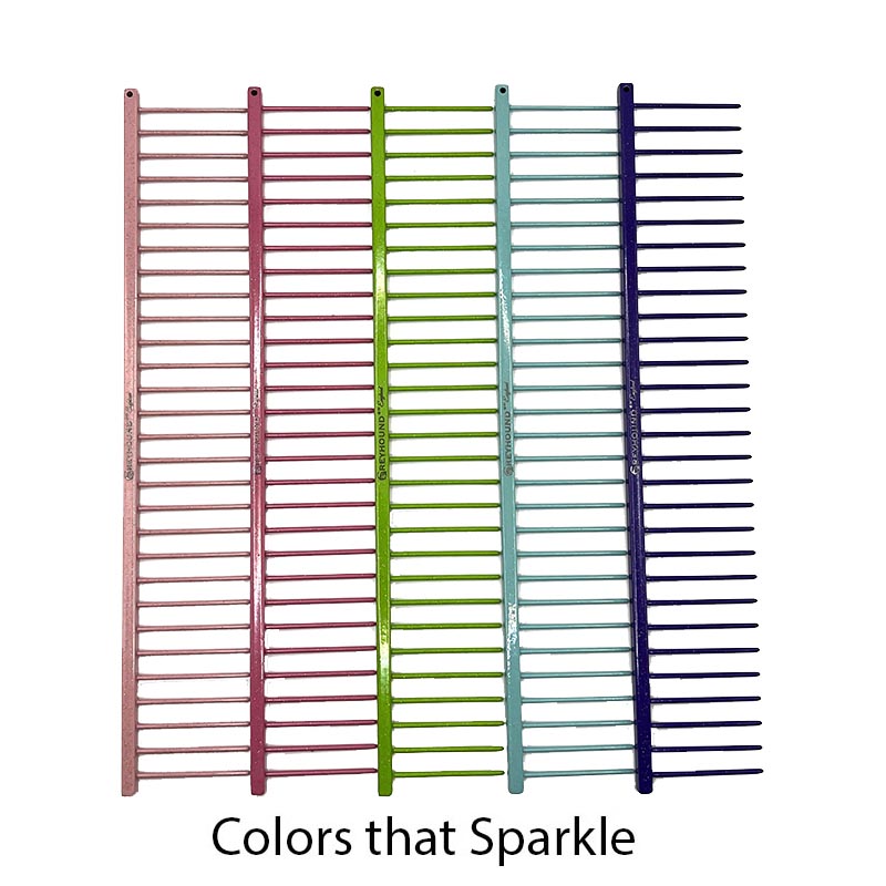 Greyhound Professional Pet Comb' Bitch Collection features a 9.875"L x 1.75"W Extra Extra Coarse tine which gives superior styling control for medium and long coat types. These versatile combs have been a staple of the pet grooming industry for over 100 years, and are available in the Sparkle Color Collection, all colors.
