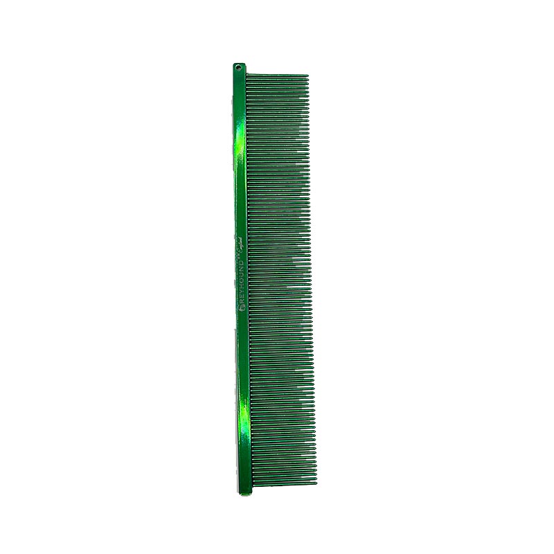 The Fine Greyhound Comb Finesse Collection features a 7.6"L x 1.4"W extra fine tine for unrivaled styling control. This design is great for detecting tangles and smoothing most coat types. Available in the "Candy" solid color options and the "Sparkle" glittery color options. Green Candy.