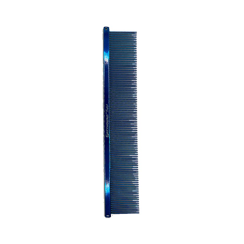 The Fine Greyhound Comb Finesse Collection features a 7.6"L x 1.4"W extra fine tine for unrivaled styling control. This design is great for detecting tangles and smoothing most coat types. Available in the "Candy" solid color options and the "Sparkle" glittery color options. Blue Candy.