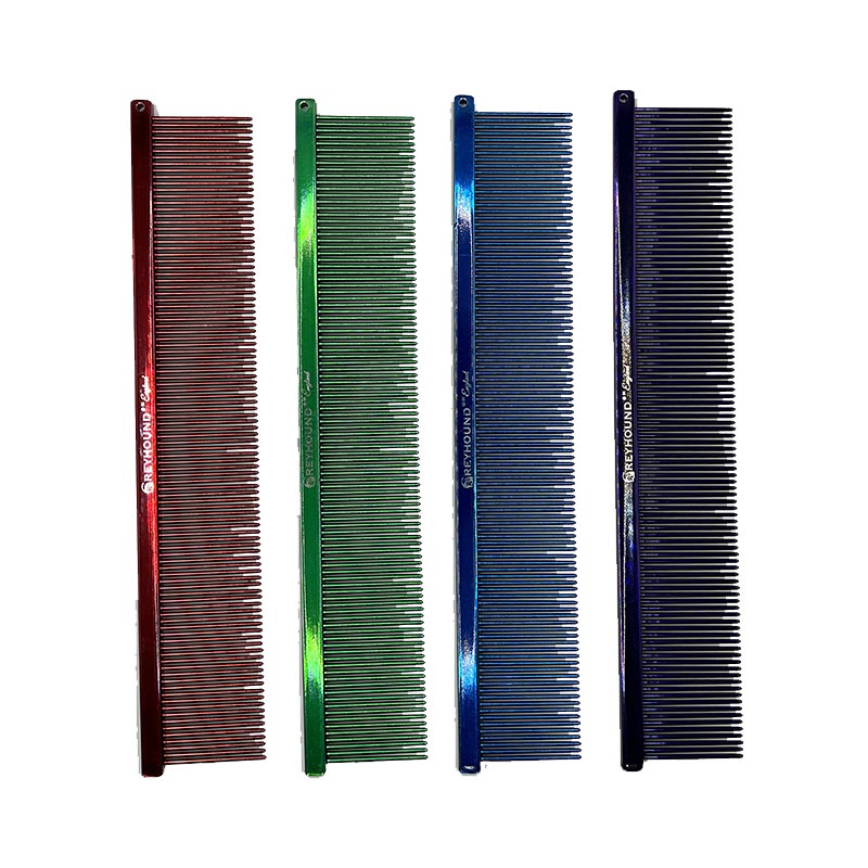 The Fine Greyhound Comb Finesse Collection features a 7.6"L x 1.4"W extra fine tine for unrivaled styling control. This design is great for detecting tangles and smoothing most coat types. Available in the "Candy" solid color options and the "Sparkle" glittery color options. Candy Colors.
