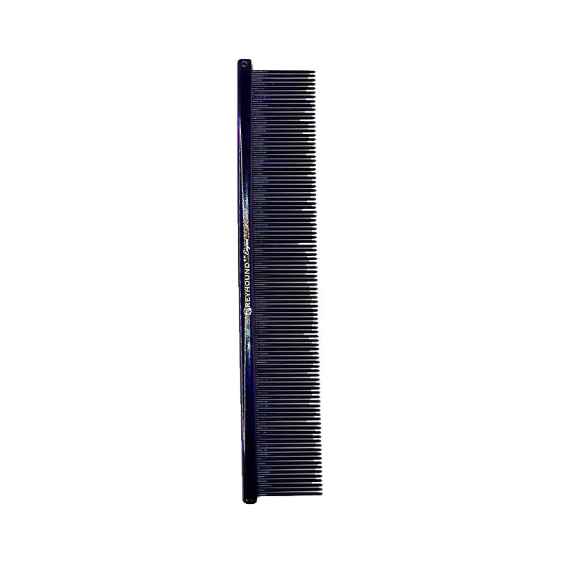 The Fine Greyhound Comb Finesse Collection features a 7.6"L x 1.4"W extra fine tine for unrivaled styling control. This design is great for detecting tangles and smoothing most coat types. Available in the "Candy" solid color options and the "Sparkle" glittery color options. Purple Candy.