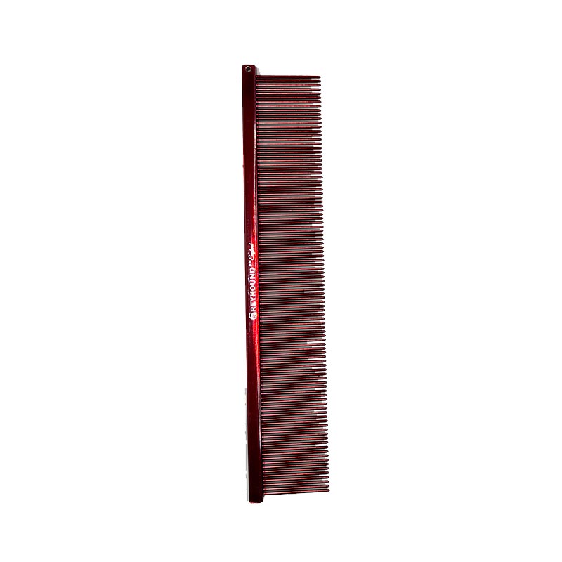 The Fine Greyhound Comb Finesse Collection features a 7.6"L x 1.4"W extra fine tine for unrivaled styling control. This design is great for detecting tangles and smoothing most coat types. Available in the "Candy" solid color options and the "Sparkle" glittery color options. Red Candy.