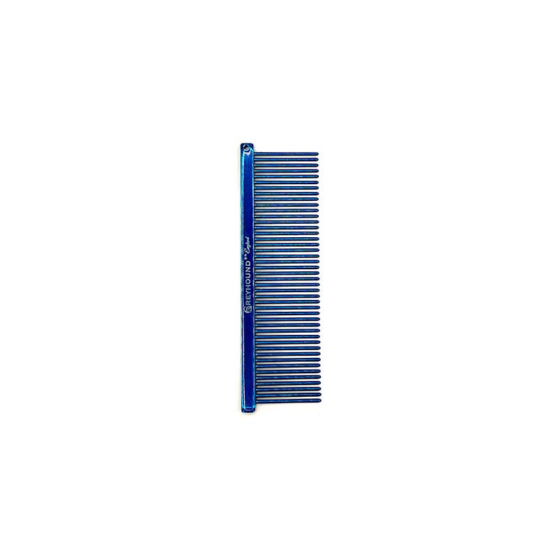 The Fine Greyhound Comb Finesse Collection features a smaller 4.5"L x 1.4"W extra fine tine for unrivaled styling control. This smaller design is great for smoothing most coat types in areas like the face or feet. The smaller, portable size is ideal for show and competition when last minute adjustments happen. Candy Blue.