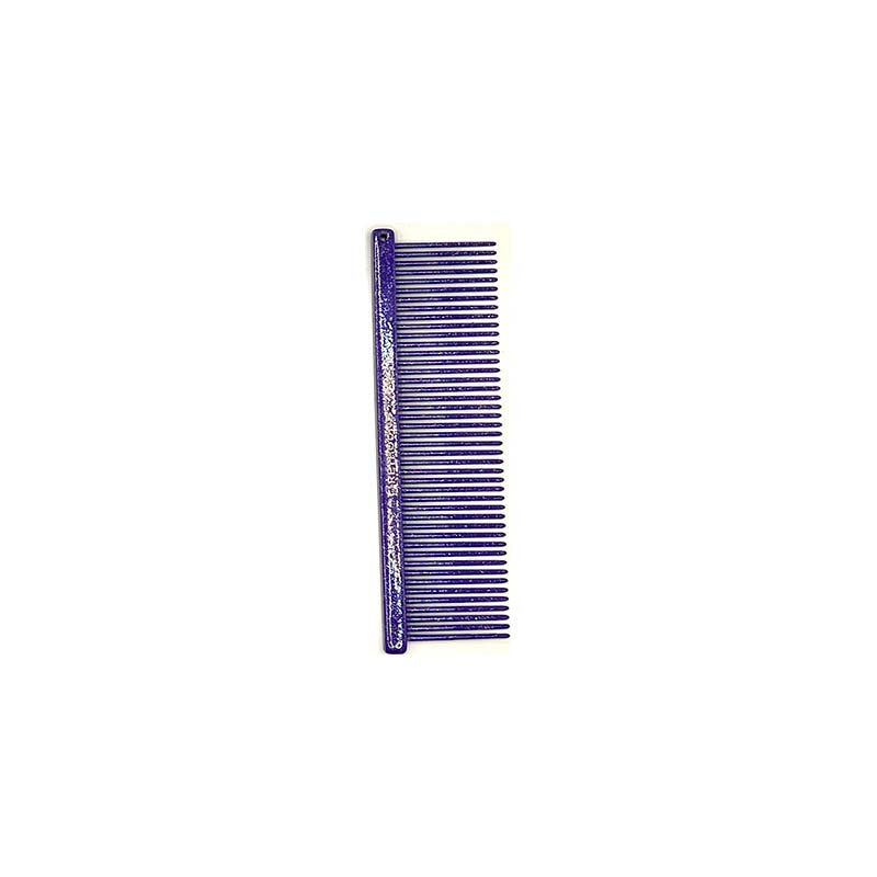 The Fine Greyhound Comb Finesse Collection features a smaller 4.5"L x 1.4"W extra fine tine for unrivaled styling control. This smaller design is great for smoothing most coat types in areas like the face or feet. The smaller, portable size is ideal for show and competition when last minute adjustments happen. Purple Sparkle.