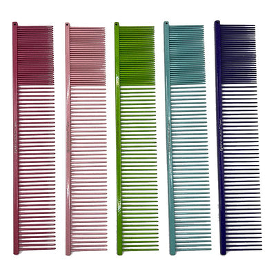 The 2.5" Fine/Medium Combo Greyhound Comb Ultra Lite X Collection features a longer 9.875"L x 1.75"W design with only 2.5” of fine tines combined with remaining medium tines making it ideal for fluffing furnishings, heads, and long-coats. Available in the "Sparkle" glittery color options. All colors.