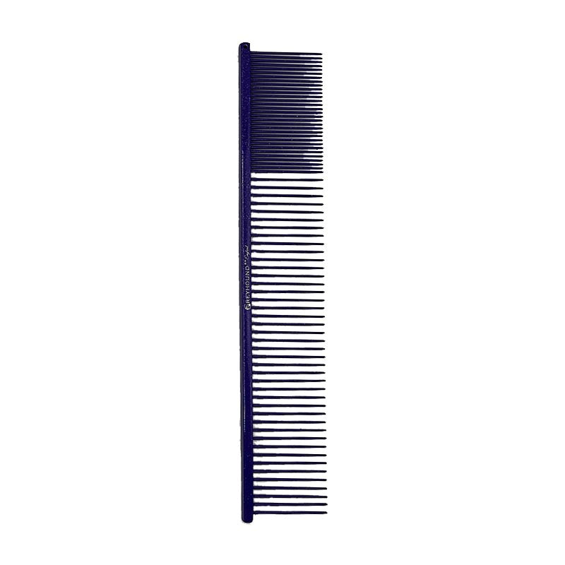 The 2.5" Fine/Medium Combo Greyhound Comb Ultra Lite X Collection features a longer 9.875"L x 1.75"W design with only 2.5” of fine tines combined with remaining medium tines making it ideal for fluffing furnishings, heads, and long-coats. Available in the "Sparkle" glittery color options. Purple.