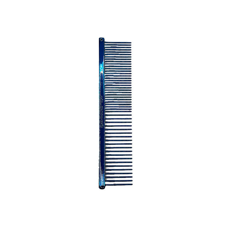 Greyhound Comb Beauty Collection offers the smaller version of the popular fine/medium combo comb size. This 6.25"L x 1.4"W comb is perfect for heads and faces and ideal for smaller pets and to reach hard to get to areas. Available in the "Candy" solid color options. Blue.