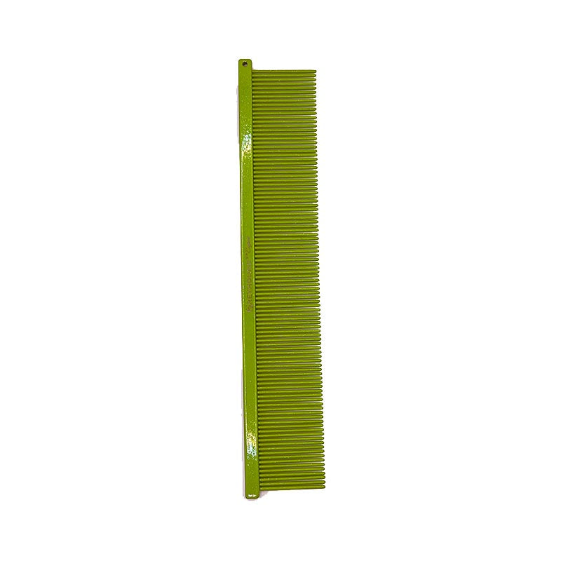 The Fine Greyhound Comb Finesse Collection features a 7.6"L x 1.4"W extra fine tine for unrivaled styling control. This design is great for detecting tangles and smoothing most coat types. Available in the "Candy" solid color options and the "Sparkle" glittery color options. Lime Green Sparkle.