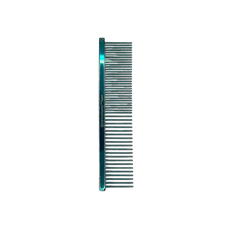 Greyhound Comb Beauty Collection offers the smaller version of the popular fine/medium combo comb size. This 6.25"L x 1.4"W comb is perfect for heads and faces and ideal for smaller pets and to reach hard to get to areas. Available in the "Candy" solid color options. Teal.