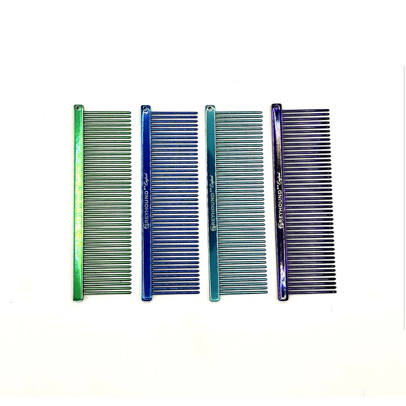 he Fine Greyhound Comb Finesse Collection features a smaller 4.5"L x 1.4"W extra fine tine for unrivaled styling control. This smaller design is great for smoothing most coat types in areas like the face or feet. The smaller, portable size is ideal for show and competition when last minute adjustments happen. Candy" solid color options.