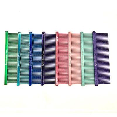The Fine Greyhound Comb Finesse Collection features a smaller 4.5"L x 1.4"W extra fine tine for unrivaled styling control. This smaller design is great for smoothing most coat types in areas like the face or feet. The smaller, portable size is ideal for show and competition when last minute adjustments happen. Available in the "Candy" solid color options and the "Sparkle" glittery color options.